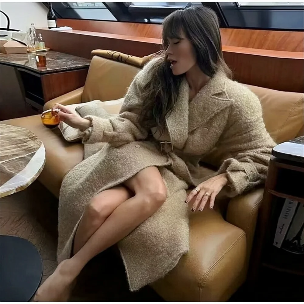 

2024 Autumn New Women's Fashion Style Belt with Woolen Hoop Coat Loose Double breasted Casual Coat