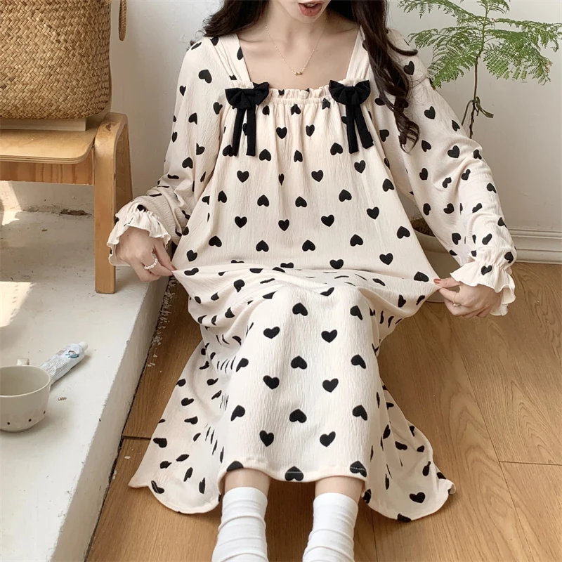 INS Sweet Cotton Night Dress Women Sleepshirt Spring Autumn Sleepwear Nightshirt Long Sleeve Loose Nightgowns Female Vestidos