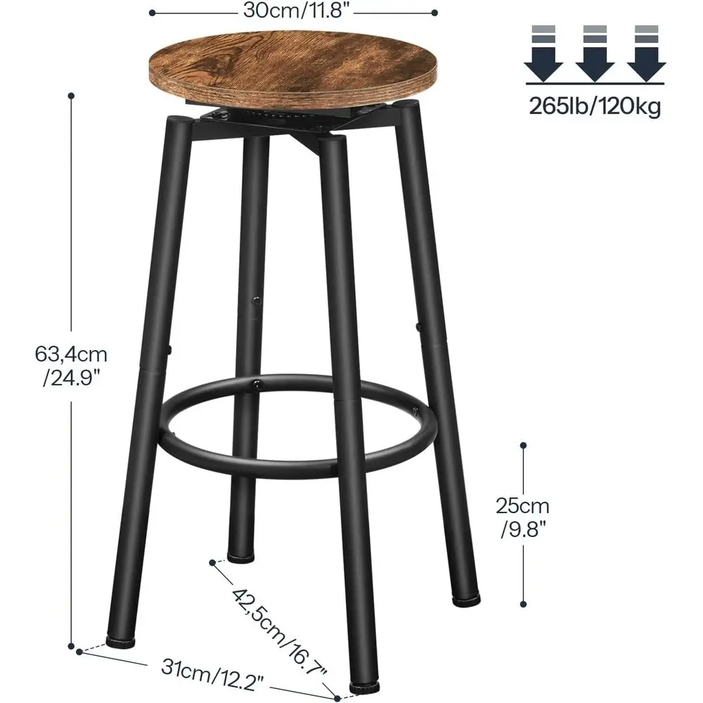 Set of 2 Swivel Bar Stools, 24.9 Round Backless Modern Kitchen Island Chairs, Adjustable Feet, Rustic Brown & Black BF24BY01