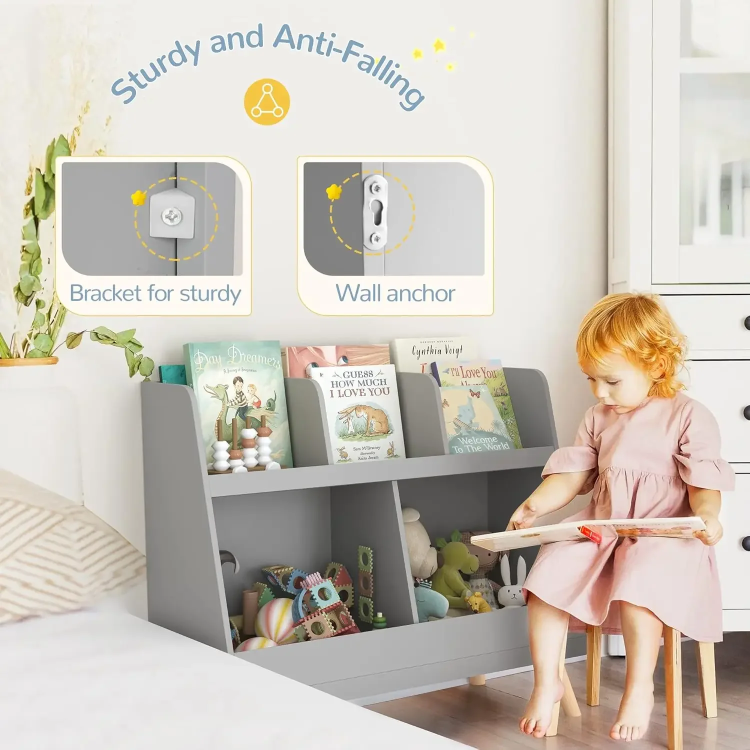 Organizador de brinquedos, cinza, 5 cubículos, estilo moderno, madeira, 32,4x12,5x27,3 polegadas, 32,5 libras