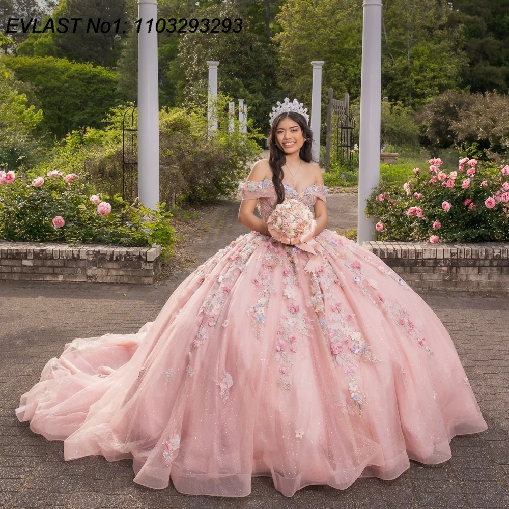 

EVLAST Customized Shiny Pink Floral Ball Gown Quinceanera Dress Lace Applique Beading Bow Sweet 16 Vestidos De 15 Anos E1Q941