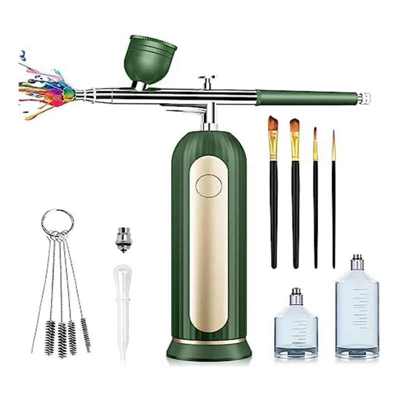 

Rechargeable Cordless with Compressor - Portable Handheld Automatic Airbrush Set for Painting Cake Decorating Nail Green