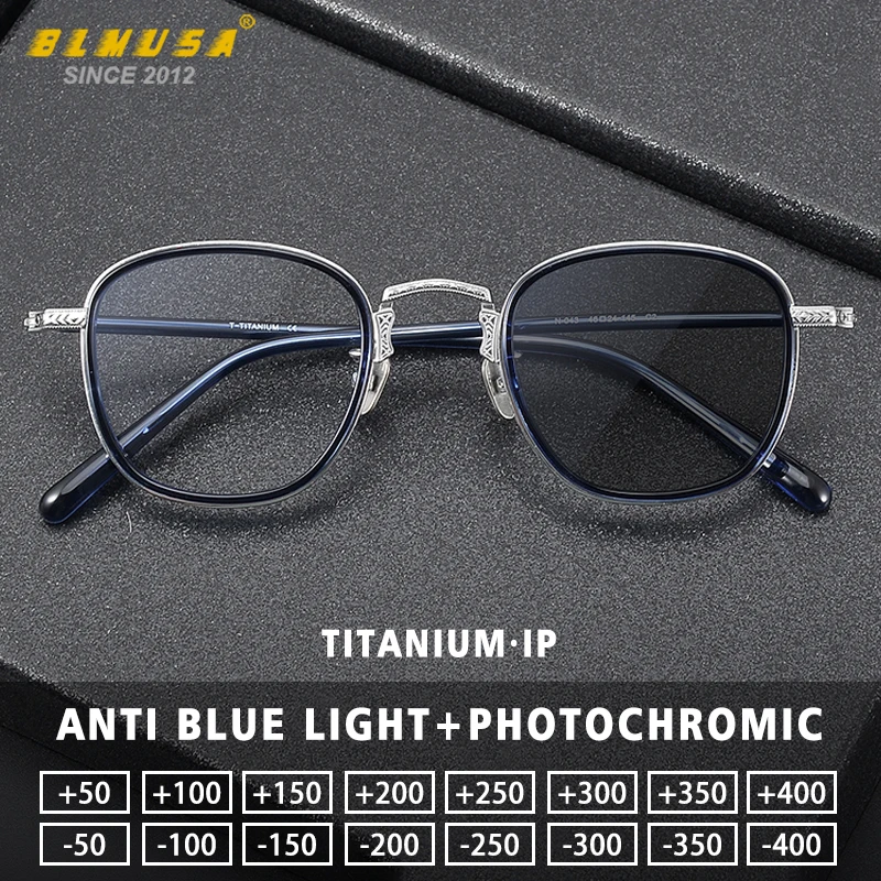 

BLMUSA Stylish Round Pure Titanium Acetate Frame High-Quality Anti Blue Ray Myopia Eyewear Men Photochromic Prescription Glasses