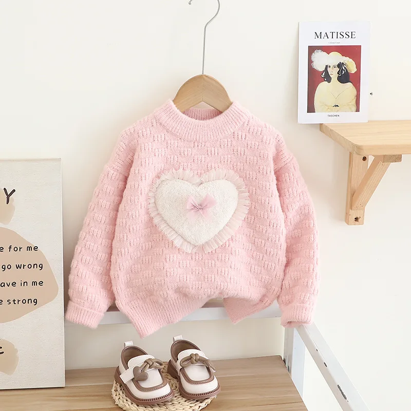 1-6 Years Girls' Thickened And Fleece Sweater, 2026 Autumn/Winter Heart-shaped Pullover Sweater, Girls' Base Layer And Warm Top