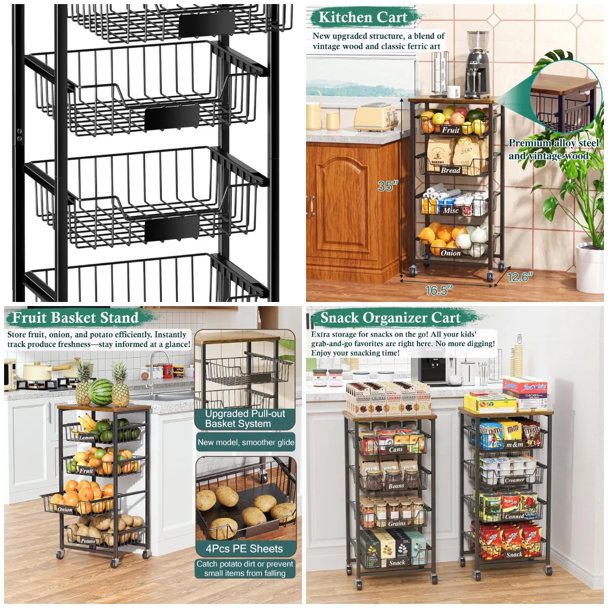 

5-Tier Rolling Kitchen Cart with Pull-Out Baskets, Wood Top for Fruits, Vegetables, Snacks