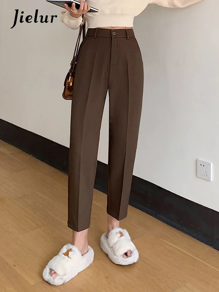 Jielur Nieuwe Office Lady Eenvoudige Vrouwelijke Pak Broek Zomer Hoge Taille Effen Kleur Casual Mode Damesbroek Chique Harembroek