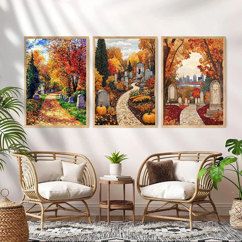 Unframe Autumn Scenery Maple Leaves painting Posters Canvas Paintings Sail Sunset Natural Landscape Wall Art Living Room Home De