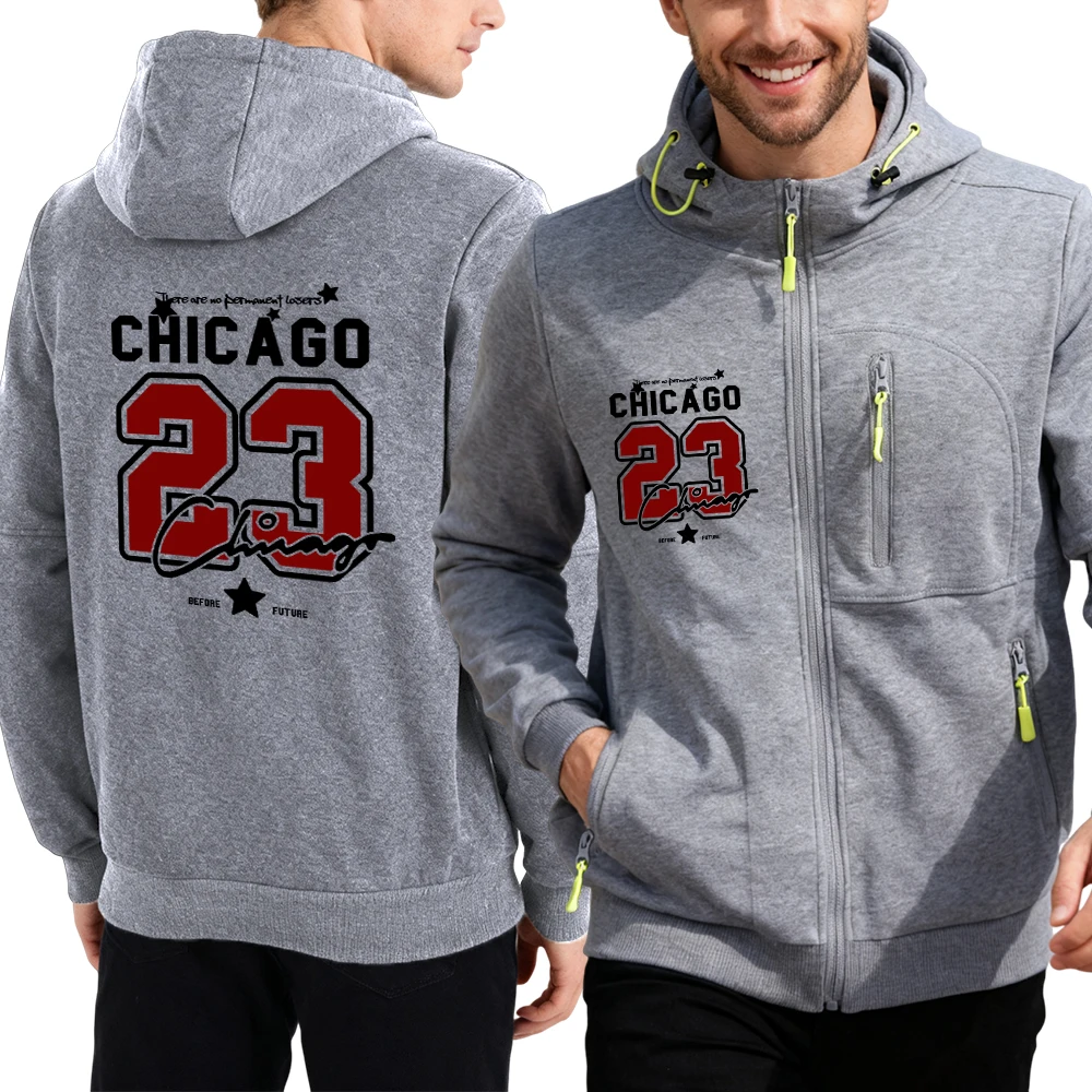 

Чикаго номер 23, мужская уличная толстовка на молнии с карманами в стиле хип-хоп, повседневная свободная толстовка с капюшоном, осенний мягкий топ, модные толстовки