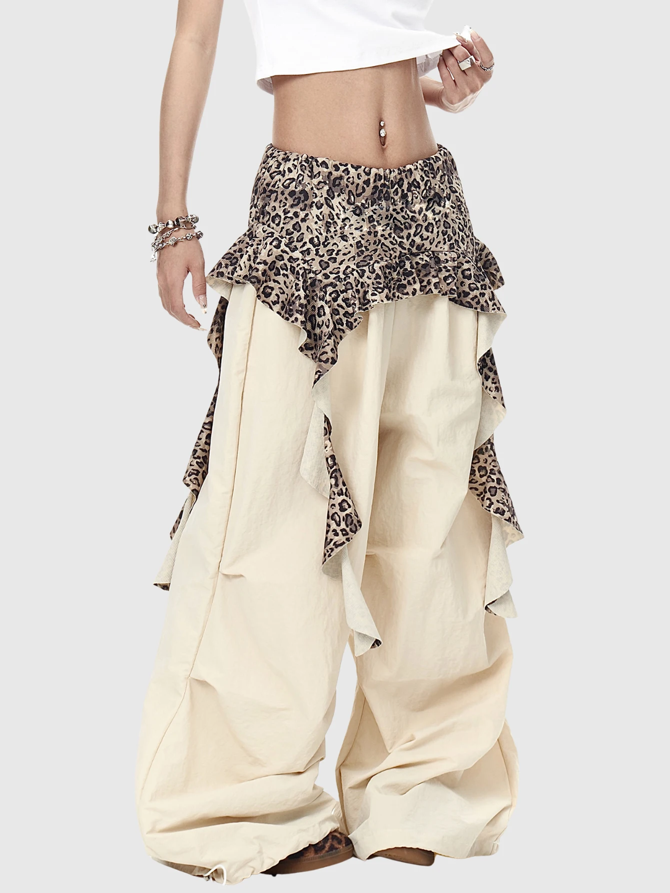 Women's retro layered leopard print ribbon fake two piece casual pants loose slimming sports casual pants