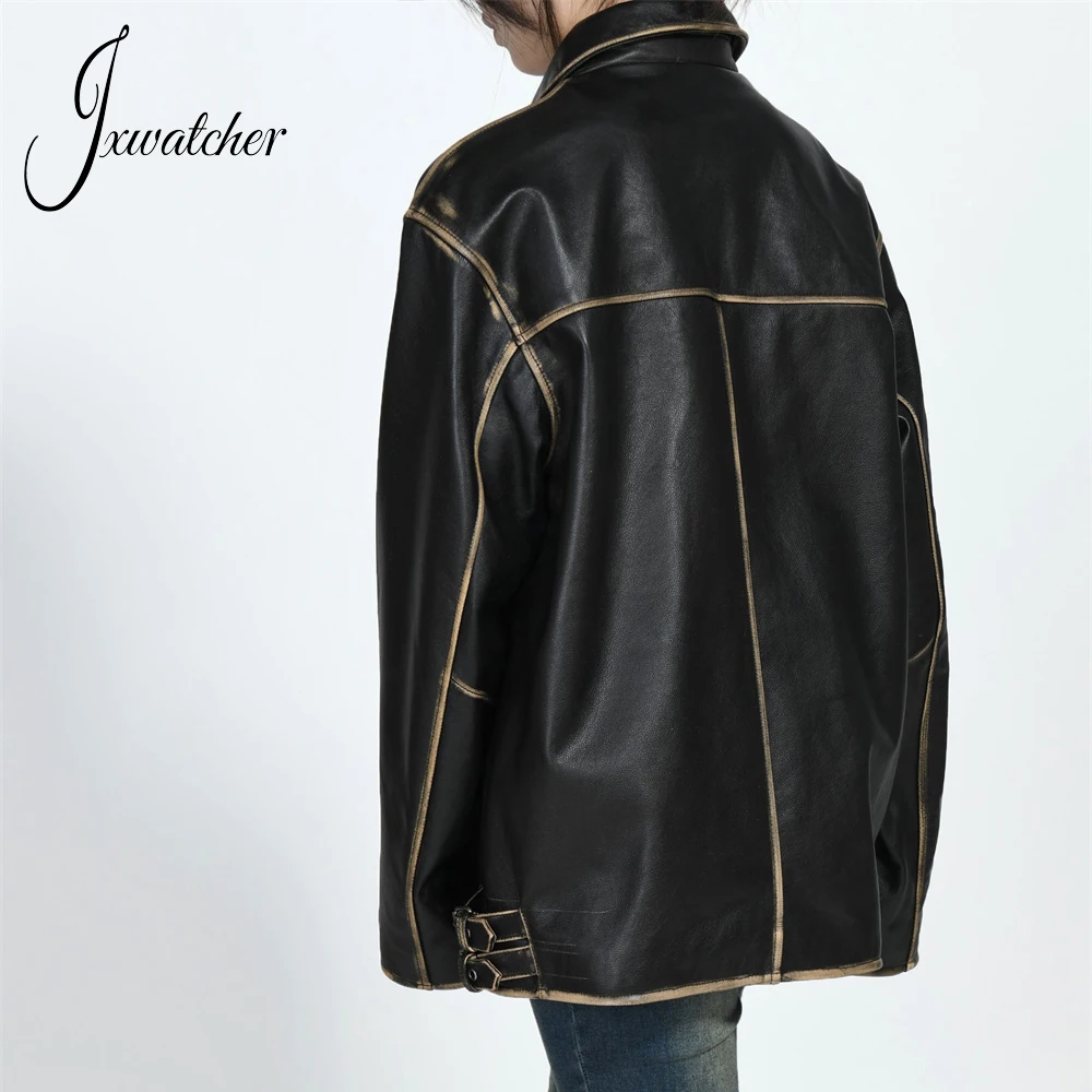 Jxwatcher-Jaqueta de couro verdadeiro para mulheres, casaco de pele de carneiro vintage, blazer solto de couro genuíno para senhoras, alta qualidade, nova chegada outono