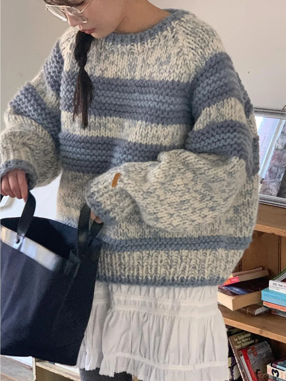 

Теплый вязаный свитер, женский свободный крой, в полоску, мягкий, уютный, осенне-зимний, с высоким воротником, средней длины, цельный модный