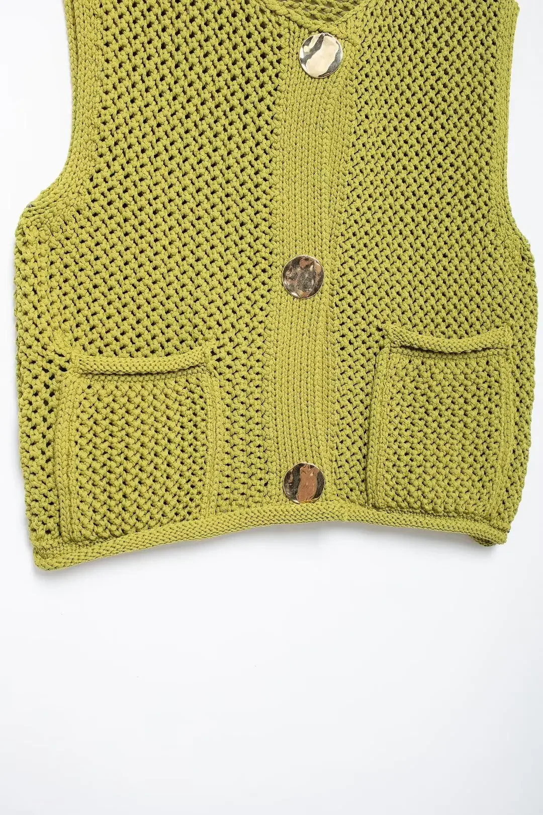 Tangada 2024 Fashion Women Green Buttons Knitted Sweater Jumper Sleeveless Cropped Cardigan BE0237