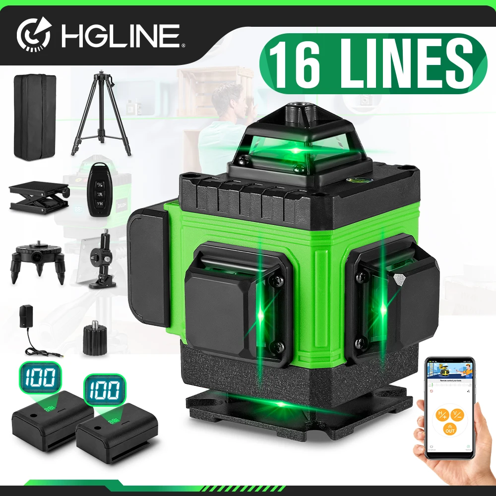 HGLINE 16 Lines Laser Level 4D 360° Automatic leveling Tool Omnidirectional Ground Wall Level Machine with 1.2M Tripod Stand