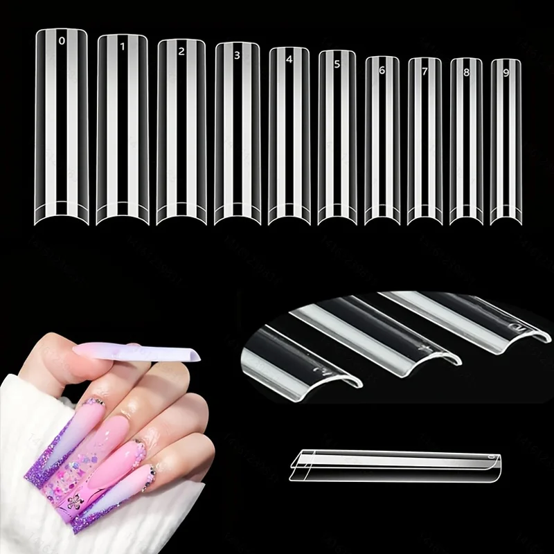 500 pieces of 2XL/3XL size C-curve-free nail tips, professional set, right-angle tapered square transparent nail tips, semi-covering long artificial nail tips