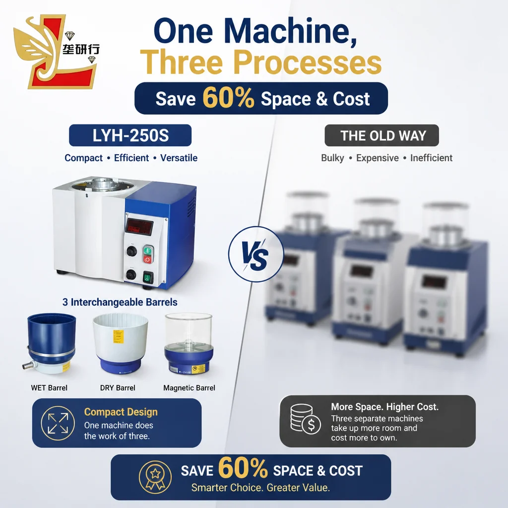 LYH-250S 3-in-1 Small Motor-Driven Grinding Polishing & Magnetic Wet/Dry Tumbling Machine Easy Operation For Jewelry Den tal Use