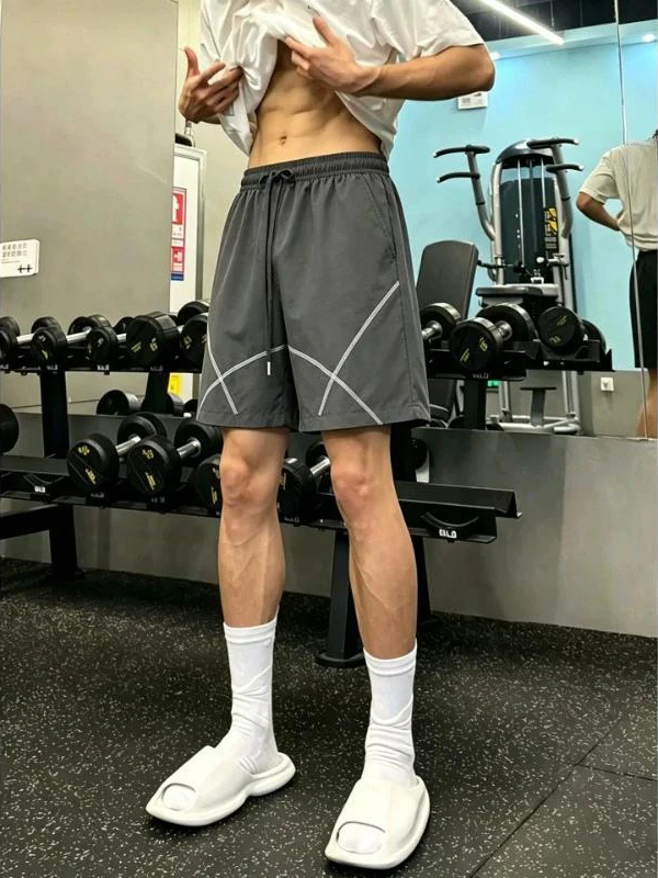 

Gray Ice Silk Quick Dry Shorts Men's Summer Thin American Fitness Sports Pants Outdoor Loose Casual Five-Quarter Length