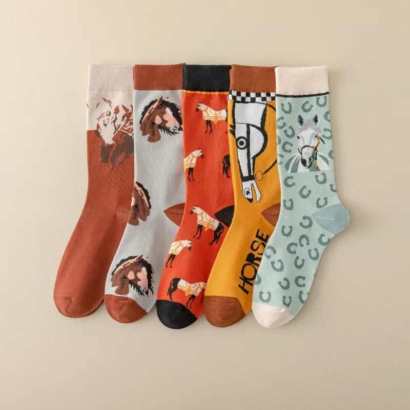 5 Pairs Cartoon Horse Print Socks, Comfy & Funny Mid Tube Socks, Women\'s Stockings & Hosiery