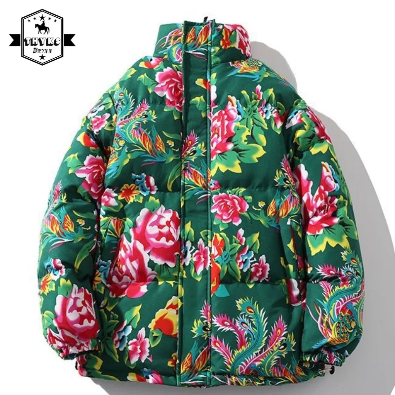 Winter Dikker Warme Jassen Mannen Noordoost Bloemenprint Retro Parkas Jassen Outdoor Chinese Mode Jas Parka Unisex Streetwear