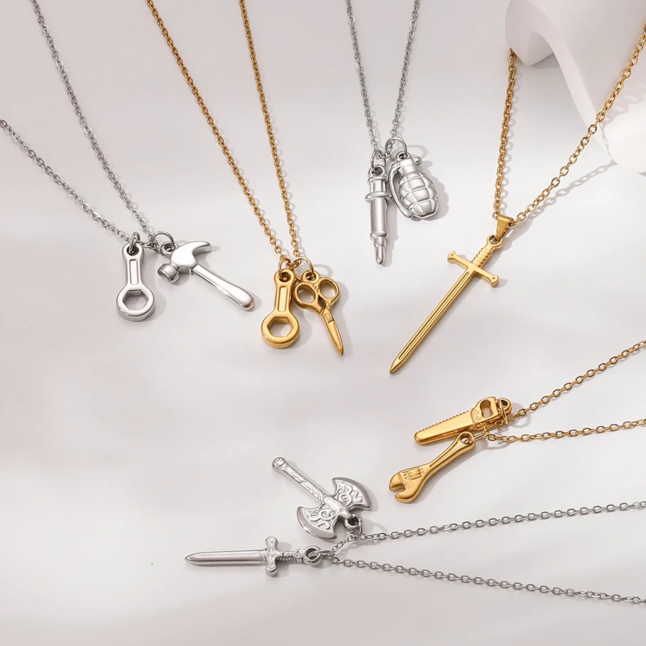 1Pc Stainless Steel Vintage Hammer Saw Rock Pendant Grunge Necklaces Hip Hop Wrench Tool Sword Cross Cool Men Collares Jewelry