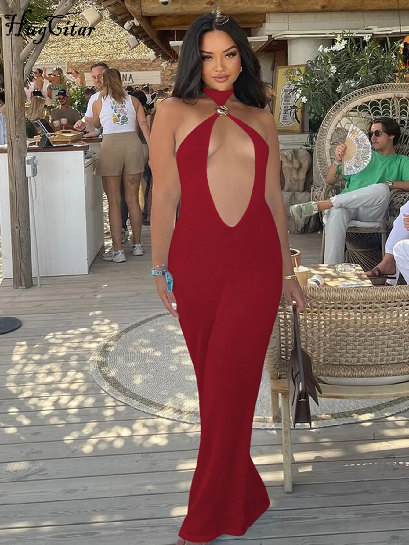 Hugcitar 2025 موضة الرسن الجوف خارج مثير عارية الذراعين ضمادة الصلبة سليم فستان ماكسي الصيف النساء Y2K ملابس الحفلات النادي الليلي