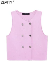 Zevity Women Fashion O Neck Sleeveless Pink Midriff-baring Knitting Sweater Femme Chic Double Breasted Cardigan Coat Tops CT6249