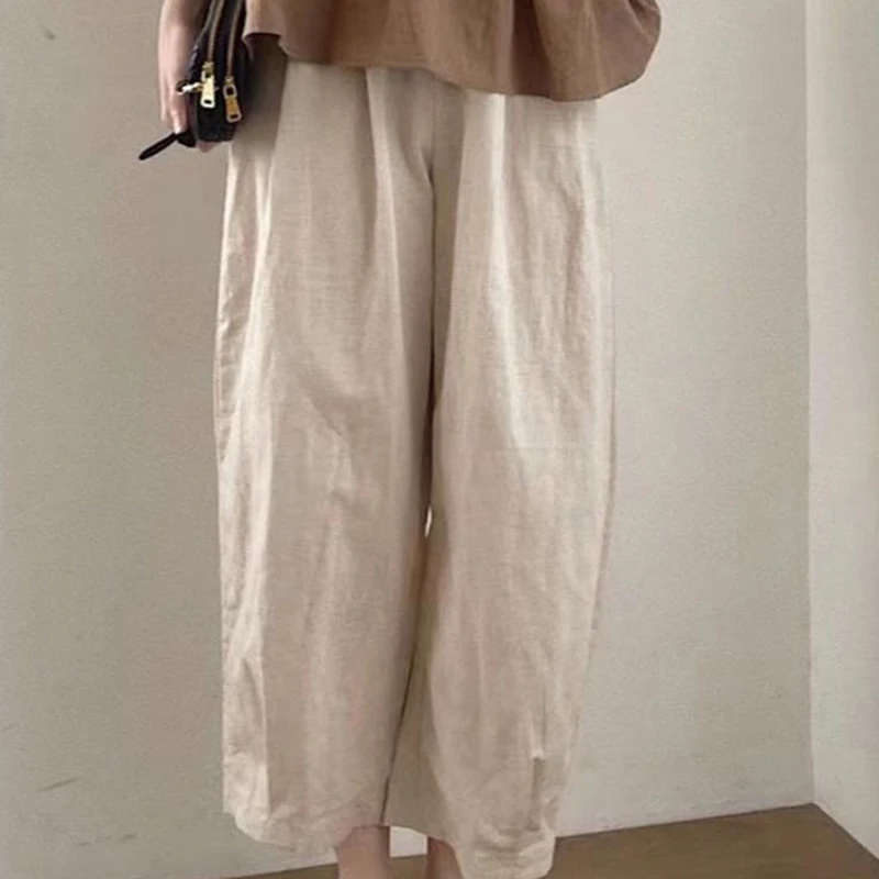 

plus Size Summer Loose Cotton Linen Wide Leg Pants Women's Casual Nine Point Pants Conceal Meat High Waist Korean Style