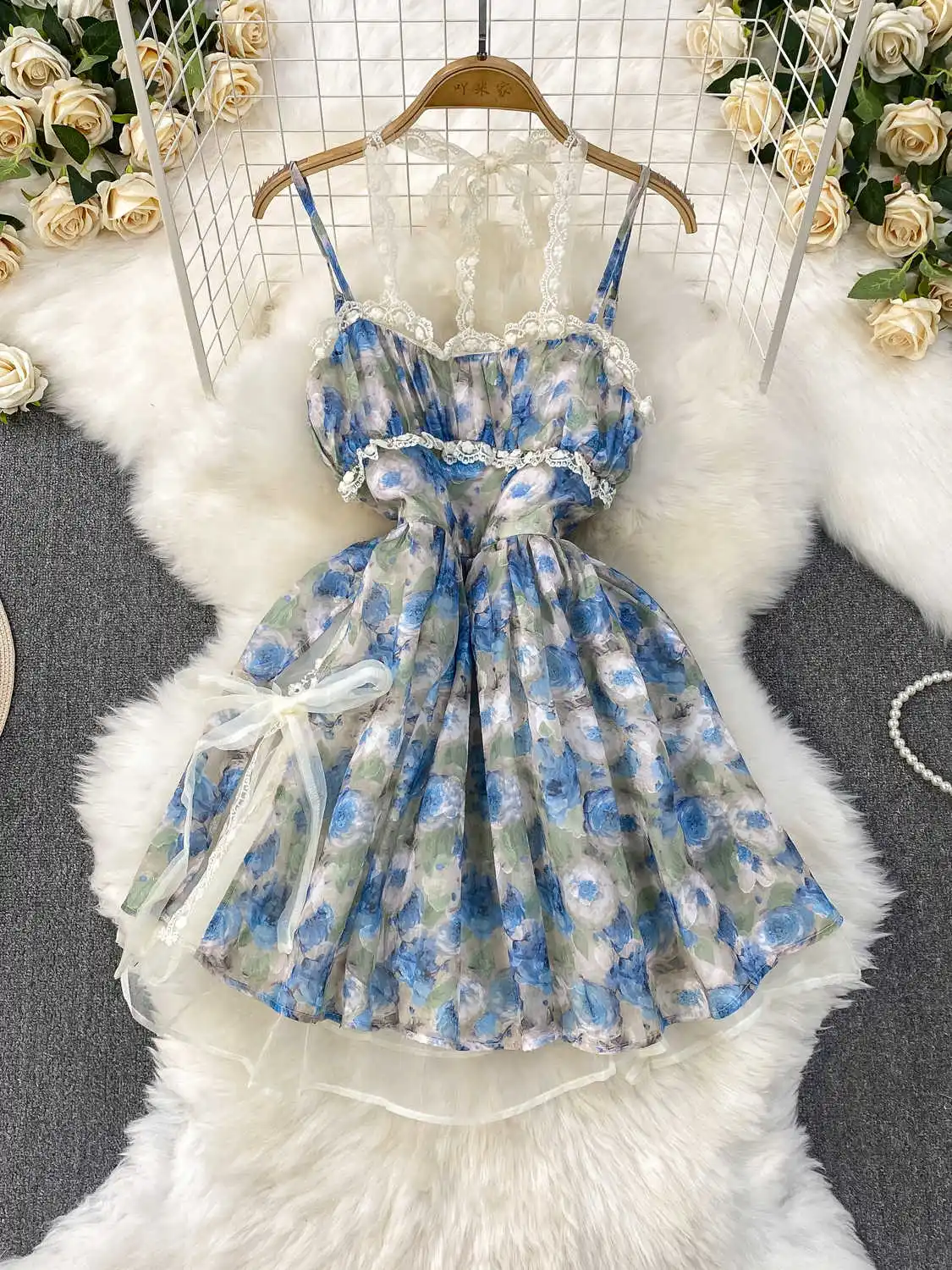

Women's Flower Print Beach Sundress A-line Mini Dress Vintage Lace Bow Off Shoulder Dresses Y2k One Piece Frocks 2000s Clothes