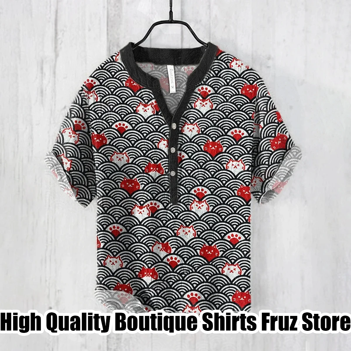 New casual V-neck short-sleeved shirt cat wave art style comfortable loose trend shirt Hawaiian holiday shirt beach style