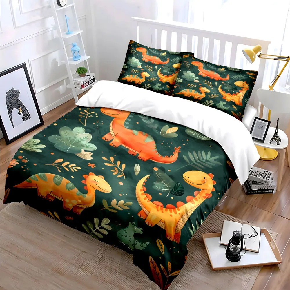 Cartoon dinosaurs with leafy background Bedding Set for Kids Luxury Gift 3pcs Digital Print Comforter Set Soft Comfortable