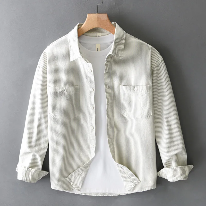 

100% cotton striped shirt men's long sleeve spring loose casual shirt coat with a small fresh top