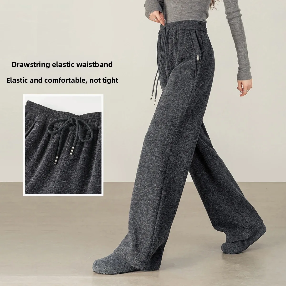 SENTUBILA Damen-Hose mit weitem Bein, 2025, Winter, Kordelzug, elastische Taille, Thermo-Fleece-gefütterte Hose, lockere Passform, Hose 154KD3402