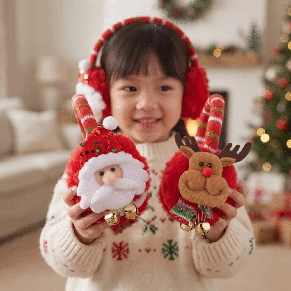 Soft Fabric Christmas Plush Earmuff Bright Red Sequin Detail Cartoon Santa Headband Festive Design Lightweight Fit