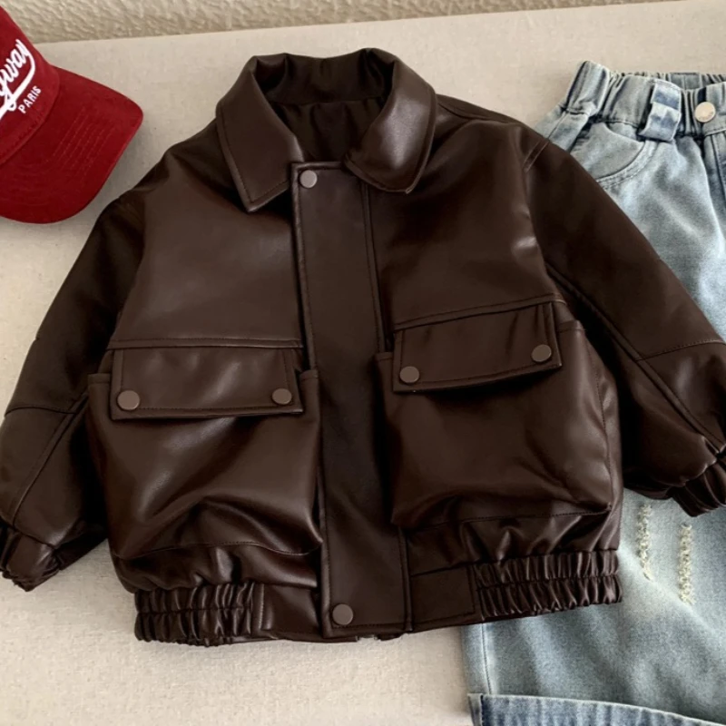 

2026 Spring and Summer New Childrens Clothing Korean Style Boys and Girls Foreign Style Ruffian Handsome Leather Jacket