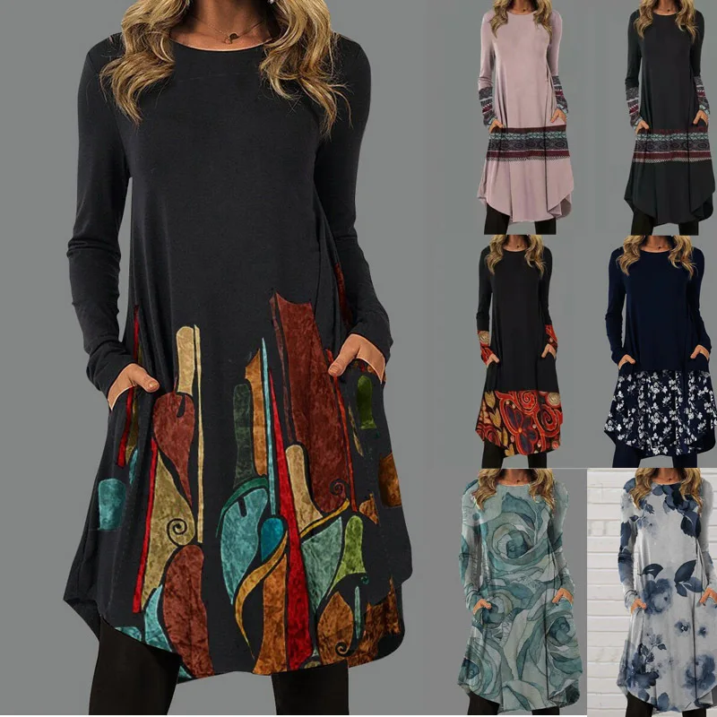 Women Dresses 2026 new fashion casual spring autumn leaf floral print ethnic style mini dresses women's clothing vestidoes