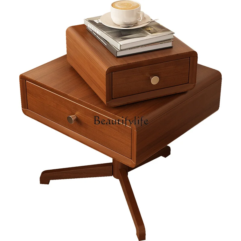 

French Retro Solid Wood Rotating Bedside Table Small Apartment Multi-Functional Storage Side Table