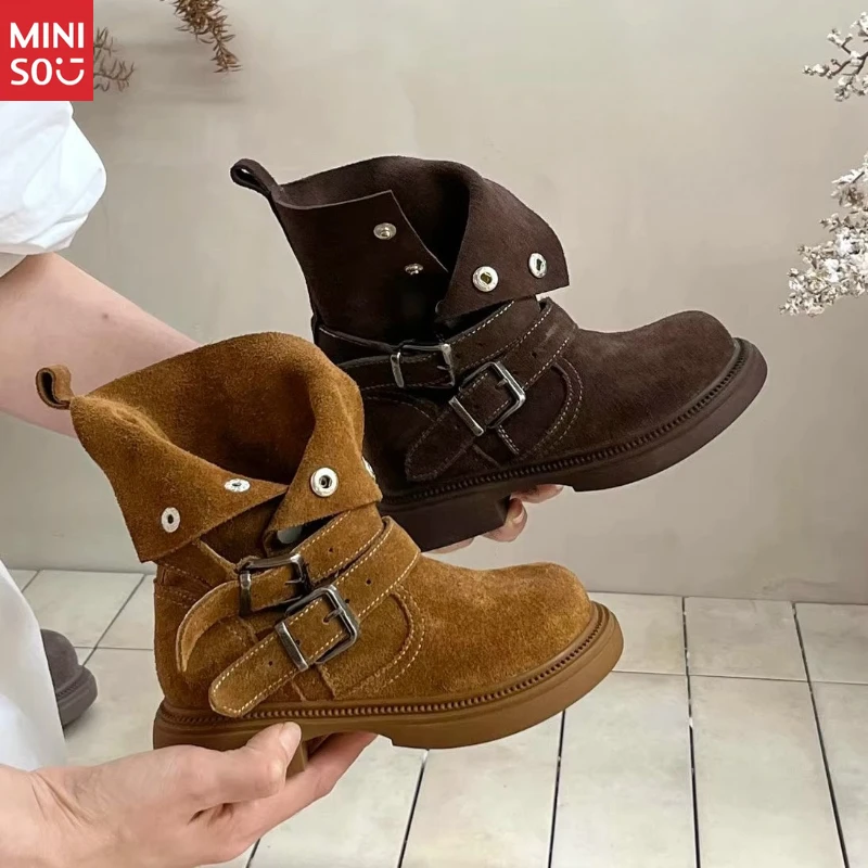Miniso 2025 Bottes Martin en daim pour enfants, chaussures d'hiver mi-mollet de style britannique avec doublure en fourrure