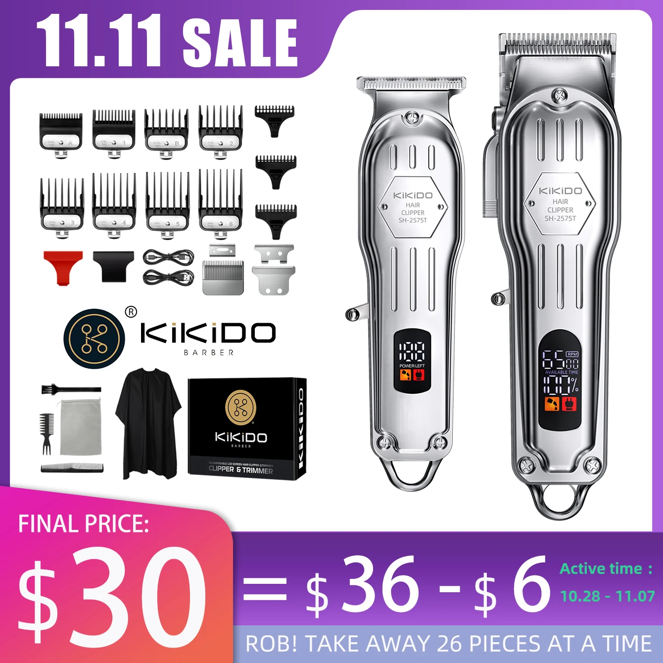 

KIKIDO 2-in-1 Adjustable Cordless Hair Cutting Machine Full Metal Combo Kit Barber Hair Clipper Beard Shaver Kit for Men Gift