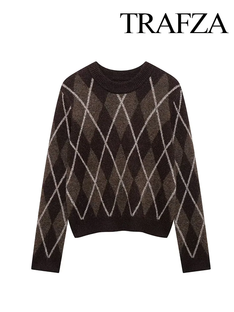 TRAGZA Women's Spring Fashion Knitted Tops Dark Brown Geometric Pattern O-Neck Long Sleeves Female Casual Loose Pullovers