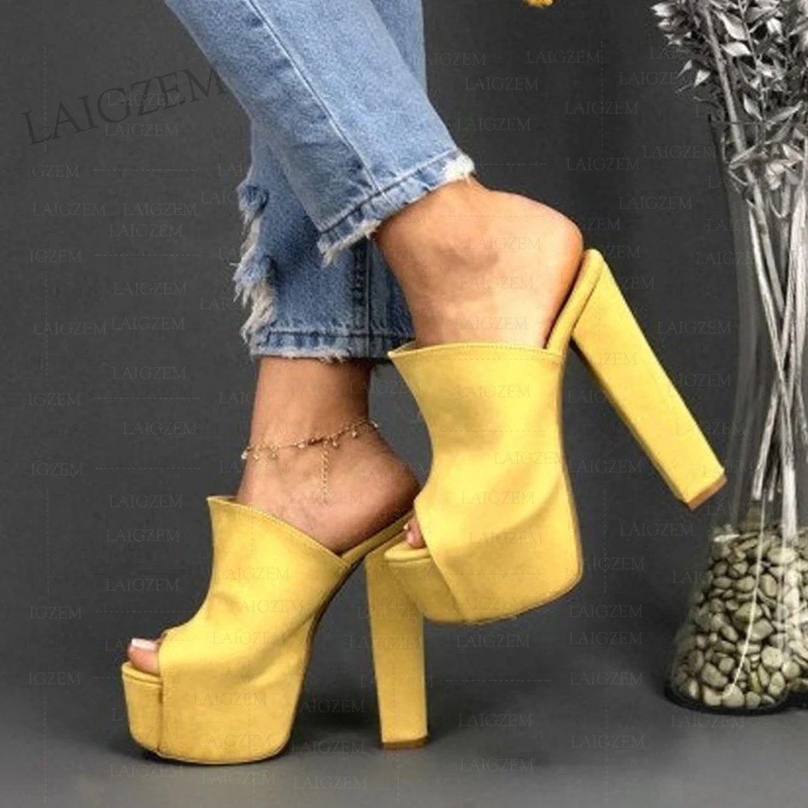 SEIIHEM Women Platform Pumps Peep Toe Chunky Heeled Slides Mules Faux Suede Height Increase Shoes Woman Big Size 41 43 45 50 52