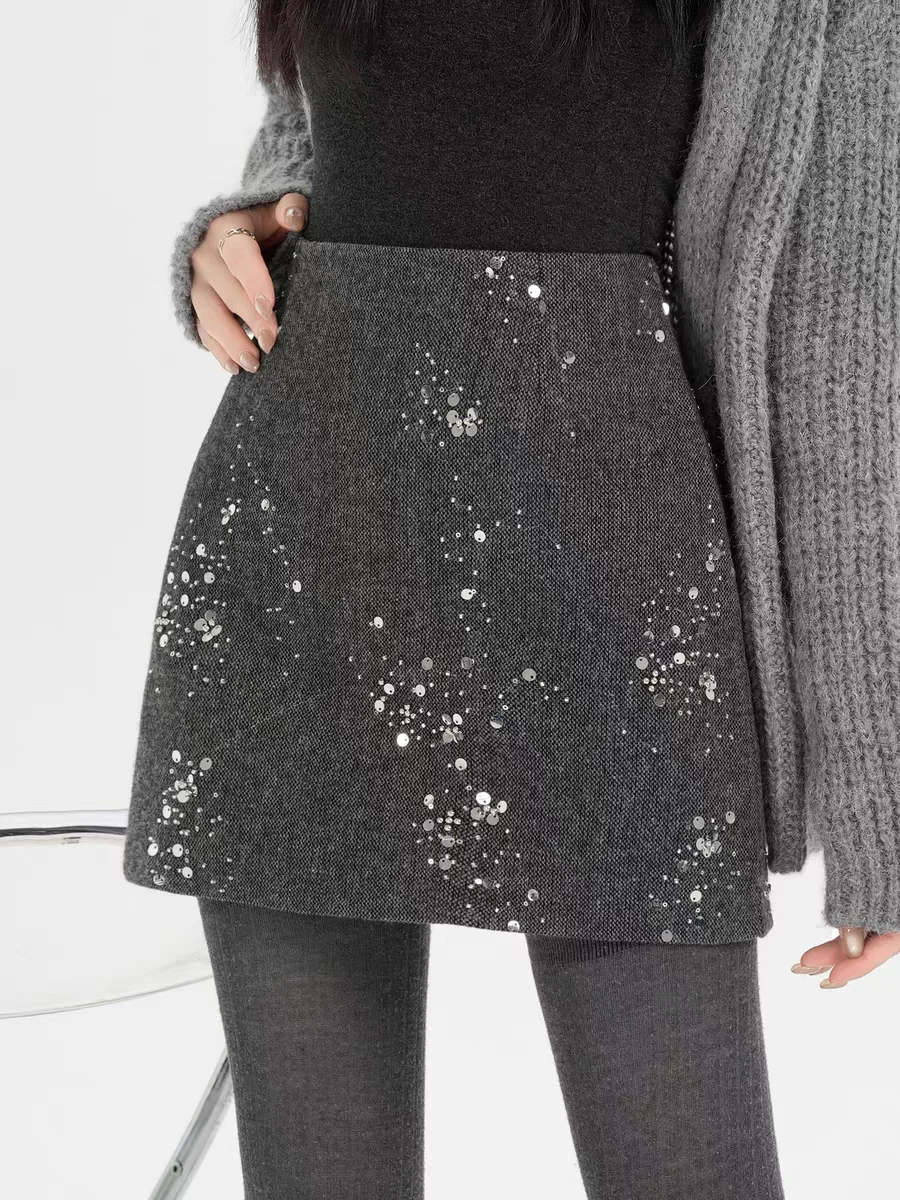 Women's 2026 Spring Sequins Tweed Skirt - High Waist A-Line Mini Skirt, Fashionable Slim Fit Elegant Party Wear