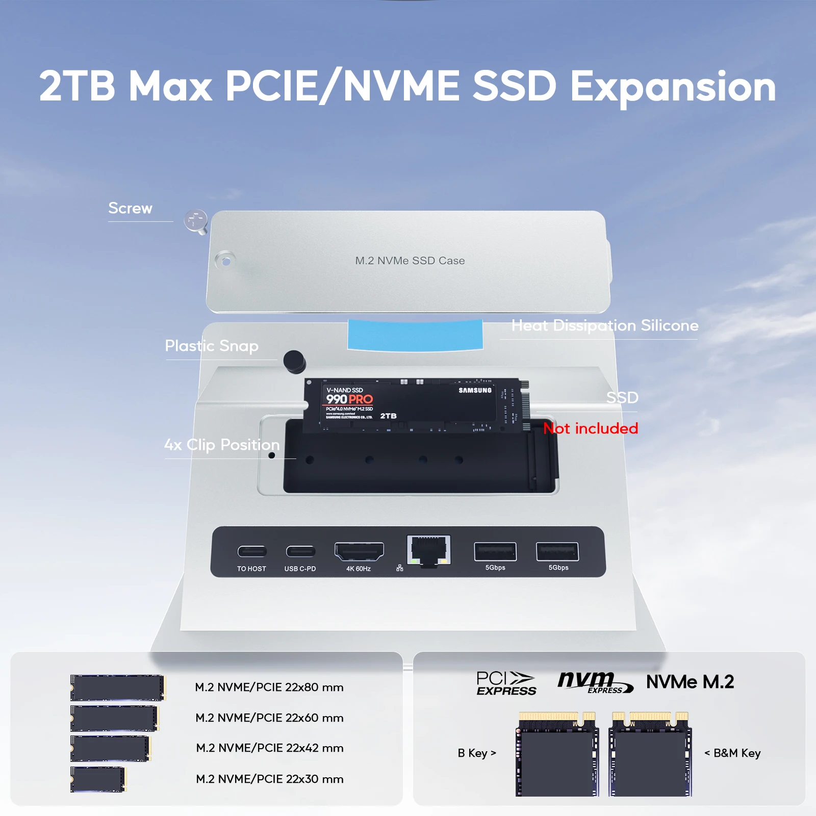 محطة إرساء USB C عمودية PULWTOP مع حافظة M.2 SSD، HDMI، USB A/C، RJ45، SD/TF، PD لجهاز MacBook Pro/Air، Type C للكمبيوتر المحمول-Silve