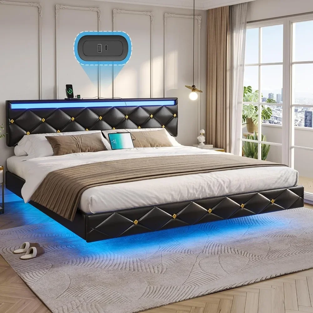 Floating King Bed Frame with LED Lights and Charging Station with Vegan Leather Upholstered Headboard, Bed Frame