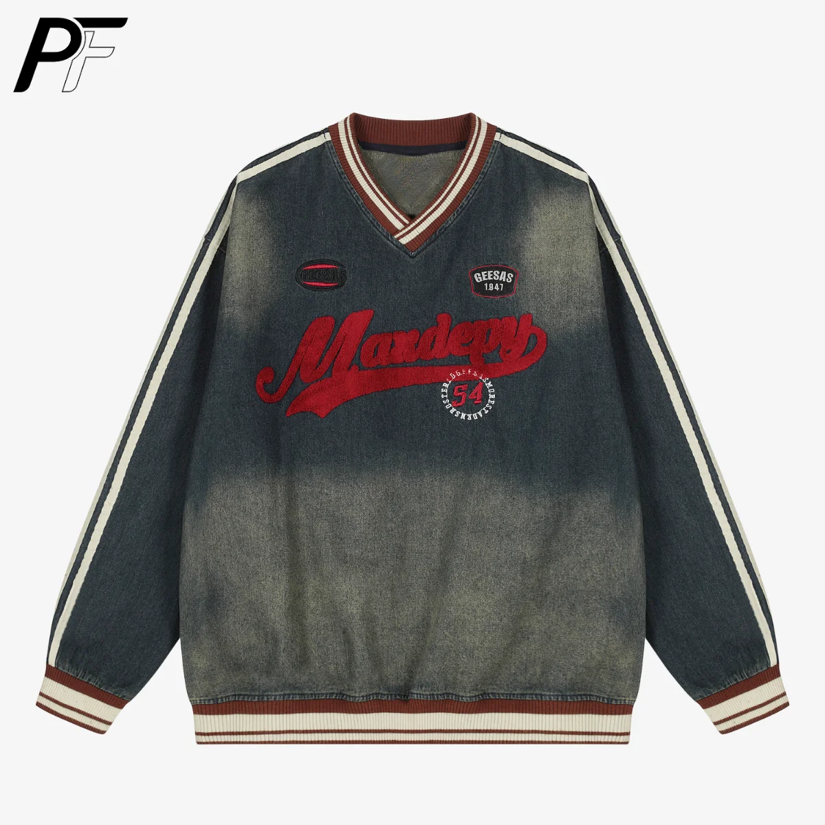 

Винтажный джинсовый свитшот в американском стиле, унисекс, с V-образным вырезом, в полоску, с вышивкой, повседневный топ в стиле хип-хоп для уличной моды