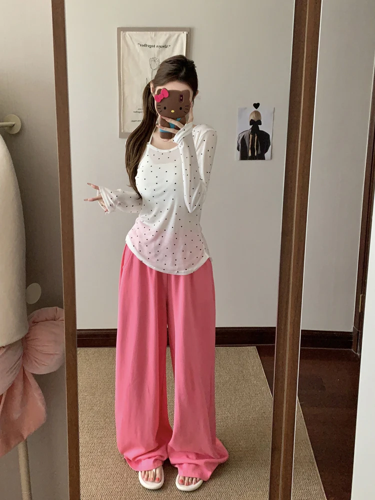 

Summer 2026 Women's Polka Dot Long Sleeve T-Shirt High Waist Drapey Thin Bottoms Casual Outfit Two Piece Set Fashionable