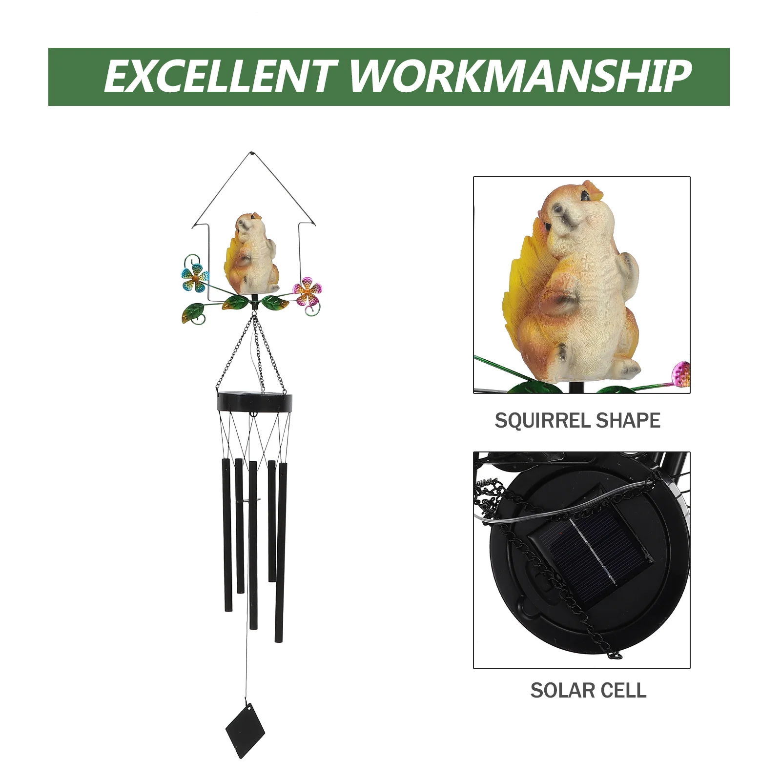 

Solar Wind Chime Pendant Creative Squirrel Hanging Decor Durable Iron Garden Lighting Solar Wind Bell Outdoor Porch Decoration