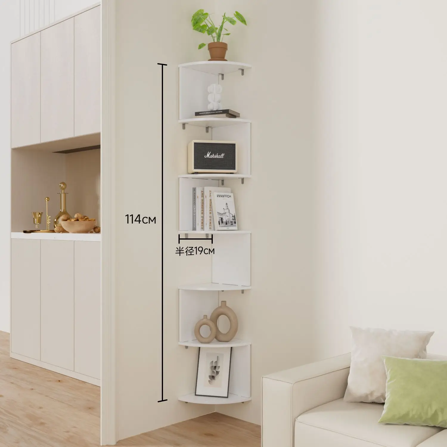 7-stöckiges Eckregal, feuchtigkeitsbeständig, bohrfreies Wandregal für Schlafzimmer, Eck-Bücherregal, Küchen-Dreieckregal