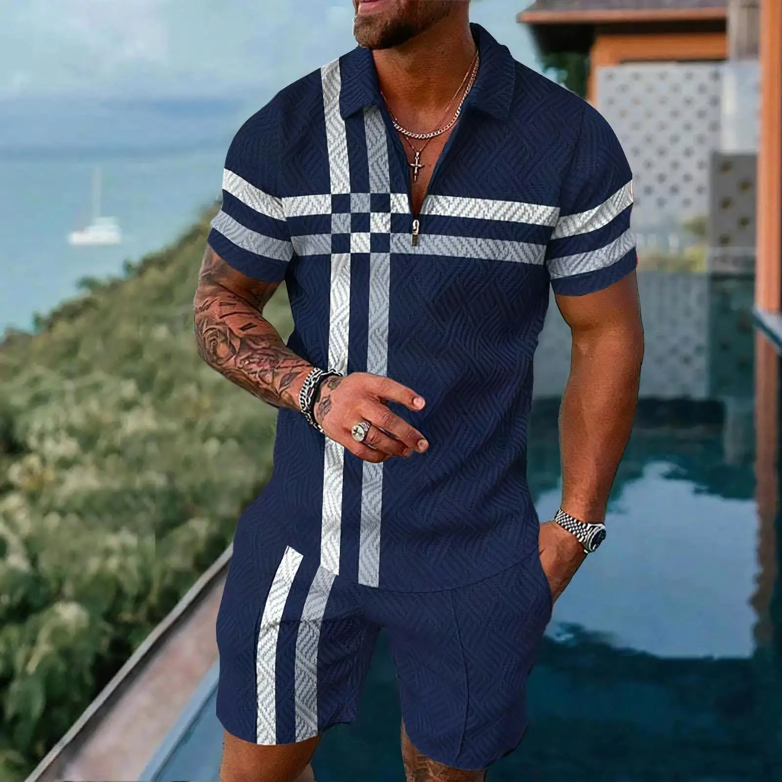 

Newly Arrived men's 2-piece Polo shirt, shorts, stand-up collar, Zipper And Printed Top set, men's Casual Streetwear Hombres