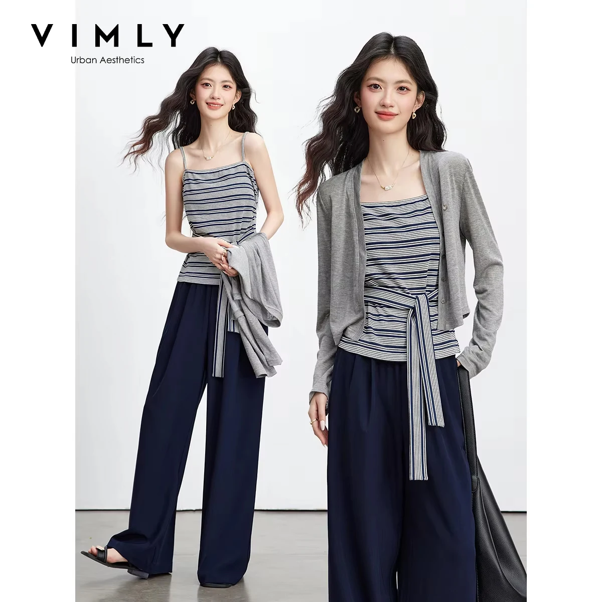 

VIMLY Women's Three-Piece Set 2026 Spring New Gray Knit Cardigan Contrast Color Striped Camisole Wide Leg Trousers Suit A3936