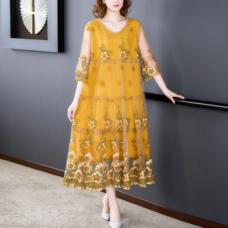 Summer Embroidery Floral Natural Silk Light Midi Dress Women Korean Fashion Light Beach Dress 2024 Elegant 5XL Plus Size Dress