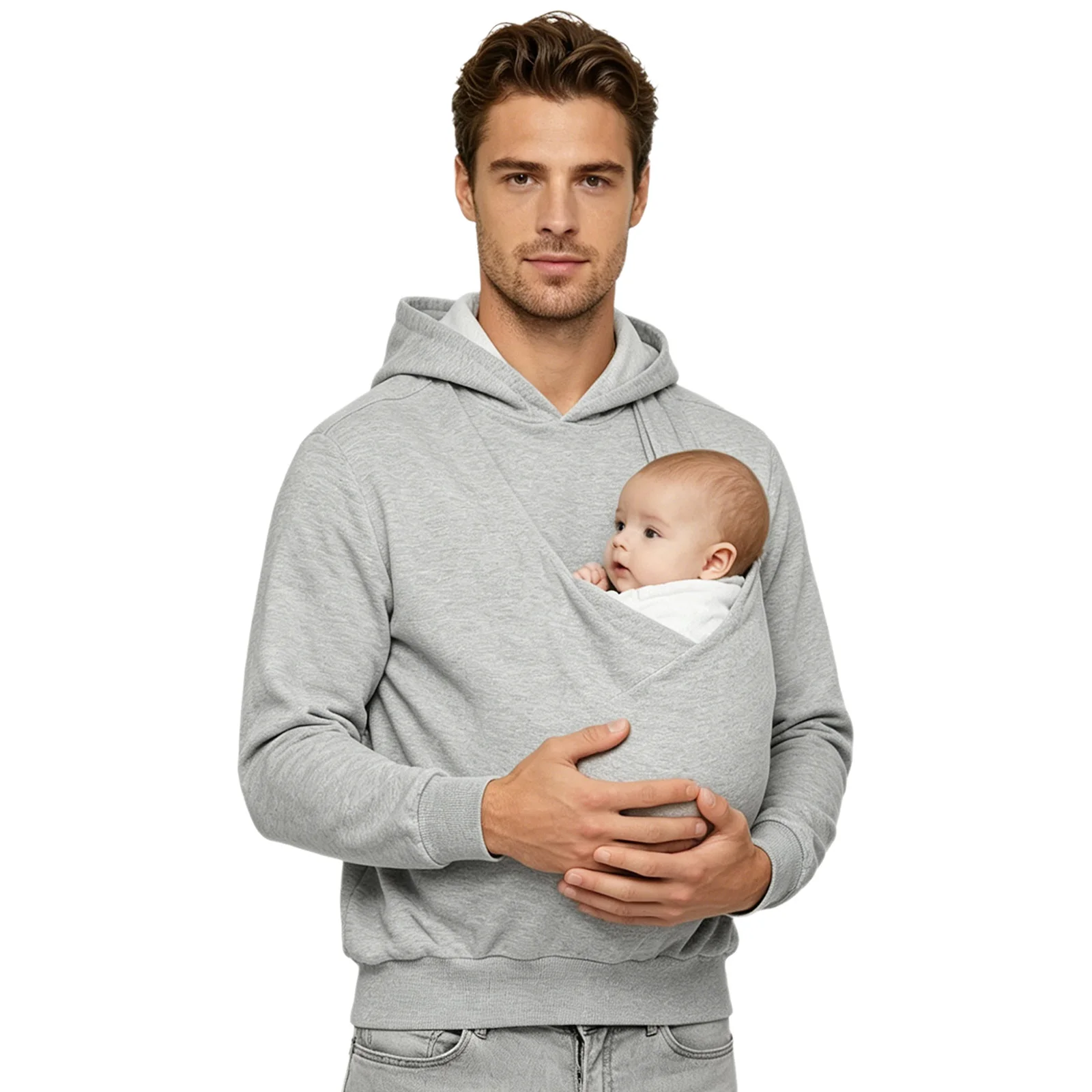 Herren-Känguru-Hoodie für Väter und Babytragen, einfarbig, mit großer Tasche vorne, Kapuzen-Sweatshirt, lässiger Langarm-Pullover – Detail 2
